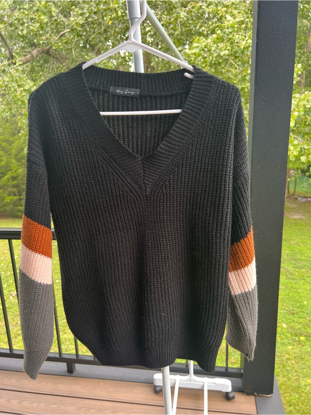 V-Neck Colorblock Sweater - Black with Rust & Pink Accents SMALL